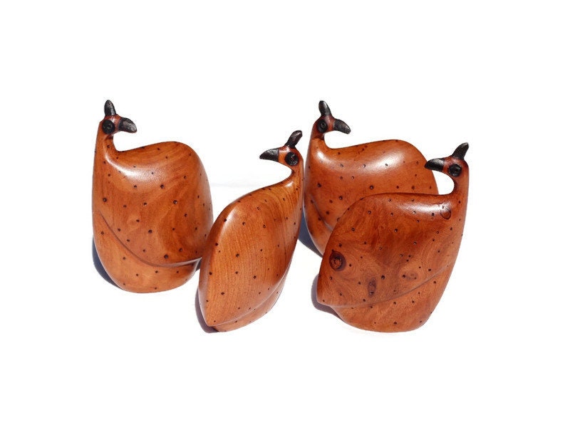 Mopane Wood Carved Guinea Fowls set of 4. Zimbabwean Handcarved birds giftset for home decor.