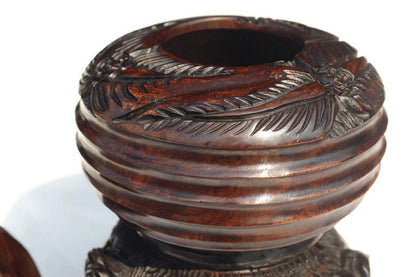 Iron Wood Malawian Hand Carved Storage Bowl. Circular Rings and Leaves design basin with Elephant, Rhino, Lion and Tree Carvings on the base