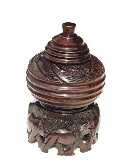 Iron Wood Malawian Hand Carved Storage Bowl. Circular Rings and Leaves design basin with Elephant, Rhino, Lion and Tree Carvings on the base