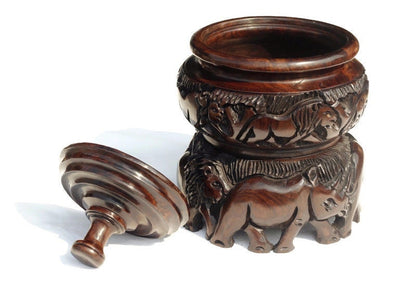 Animal Theme Art Iron Wood Hand Carved Storage Bowl. Circular Rings design basin with African Big 5 animals and Tree Carvings. Ready to Ship