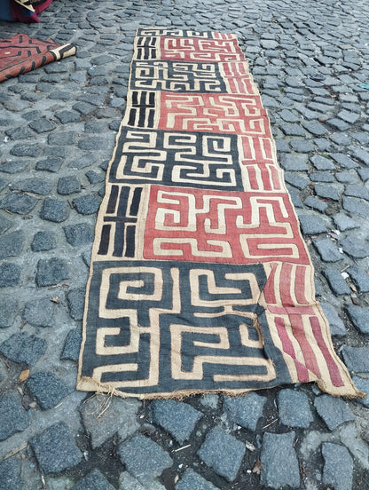 Authentic Congolese Kuba Clothe/throw. Maroon and Black on Beige, Long  Dining room table decor. Also framable for Wall Art. DIY Cushions