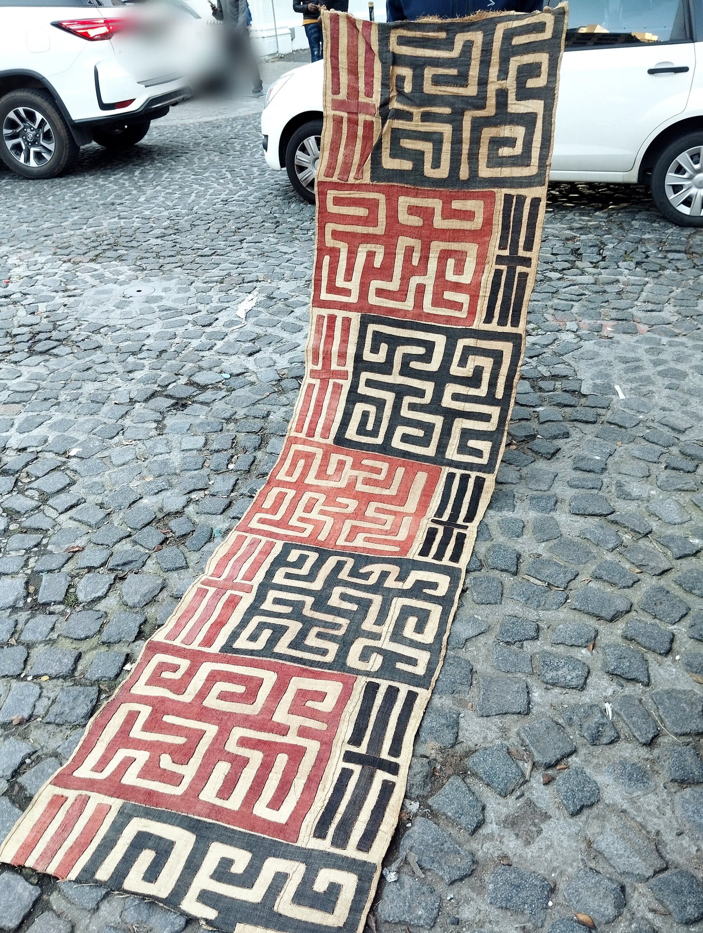 Authentic Congolese Kuba Clothe/throw. Maroon and Black on Beige, Long  Dining room table decor. Also framable for Wall Art. DIY Cushions