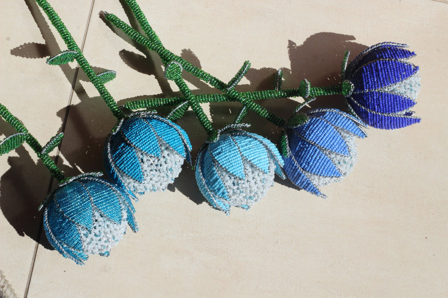 Set of 5 Beaded Shades of Blue Protea Flowers by Job Guwhe. Home, Office, Wedding, Party Decor. Vase Not Included, ready to Ship Gifts.