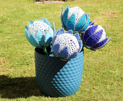 Set of 5 Beaded Shades of Blue Protea Flowers by Job Guwhe. Home, Office, Wedding, Party Decor. Vase Not Included, ready to Ship Gifts.