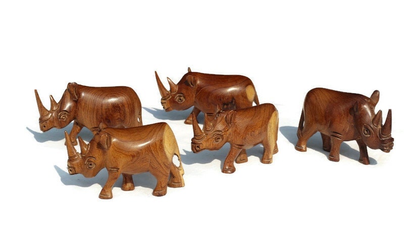 5 Carved Mubanga Wood Rhino figurines. Mini Decor Sculptures for the love of wildlife. African Big 5 thank you gifts.