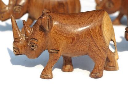 5 Carved Mubanga Wood Rhino figurines. Mini Decor Sculptures for the love of wildlife. African Big 5 thank you gifts.