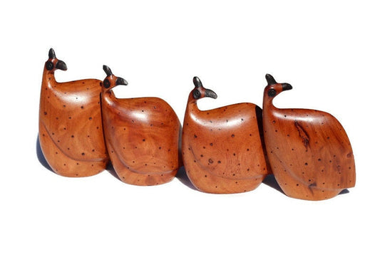 Mopane Wood Carved Guinea Fowls set of 4. Zimbabwean Handcarved birds giftset for home decor.