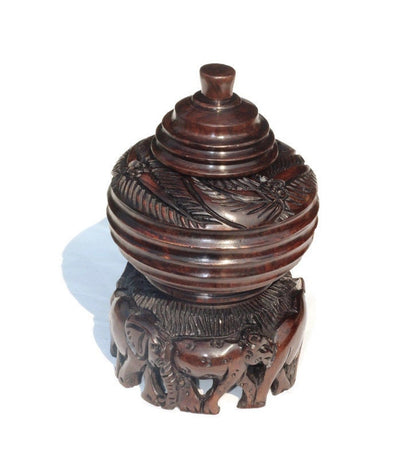 Iron Wood Malawian Hand Carved Storage Bowl. Circular Rings and Leaves design basin with Elephant, Rhino, Lion and Tree Carvings on the base