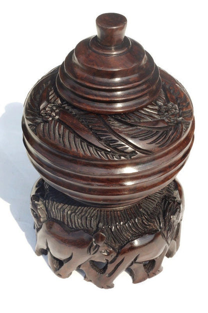 Iron Wood Malawian Hand Carved Storage Bowl. Circular Rings and Leaves design basin with Elephant, Rhino, Lion and Tree Carvings on the base