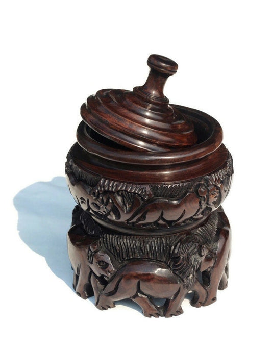 Animal Theme Art Iron Wood Hand Carved Storage Bowl. Circular Rings design basin with African Big 5 animals and Tree Carvings. Ready to Ship