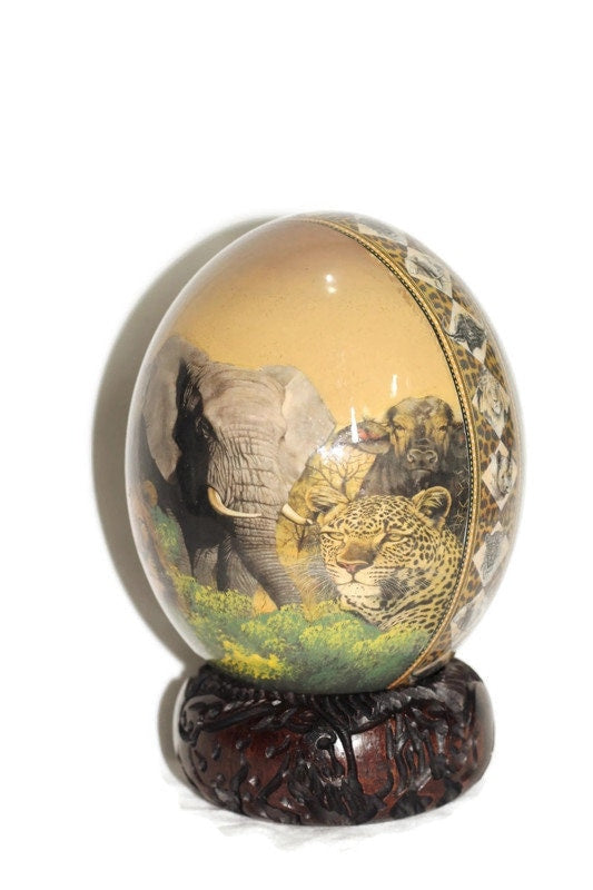 African Big Five Decoupage Shell. Ostrich Egg with big 5 Animals, African Map and Leopard print. Brown and green background. Ready to Ship