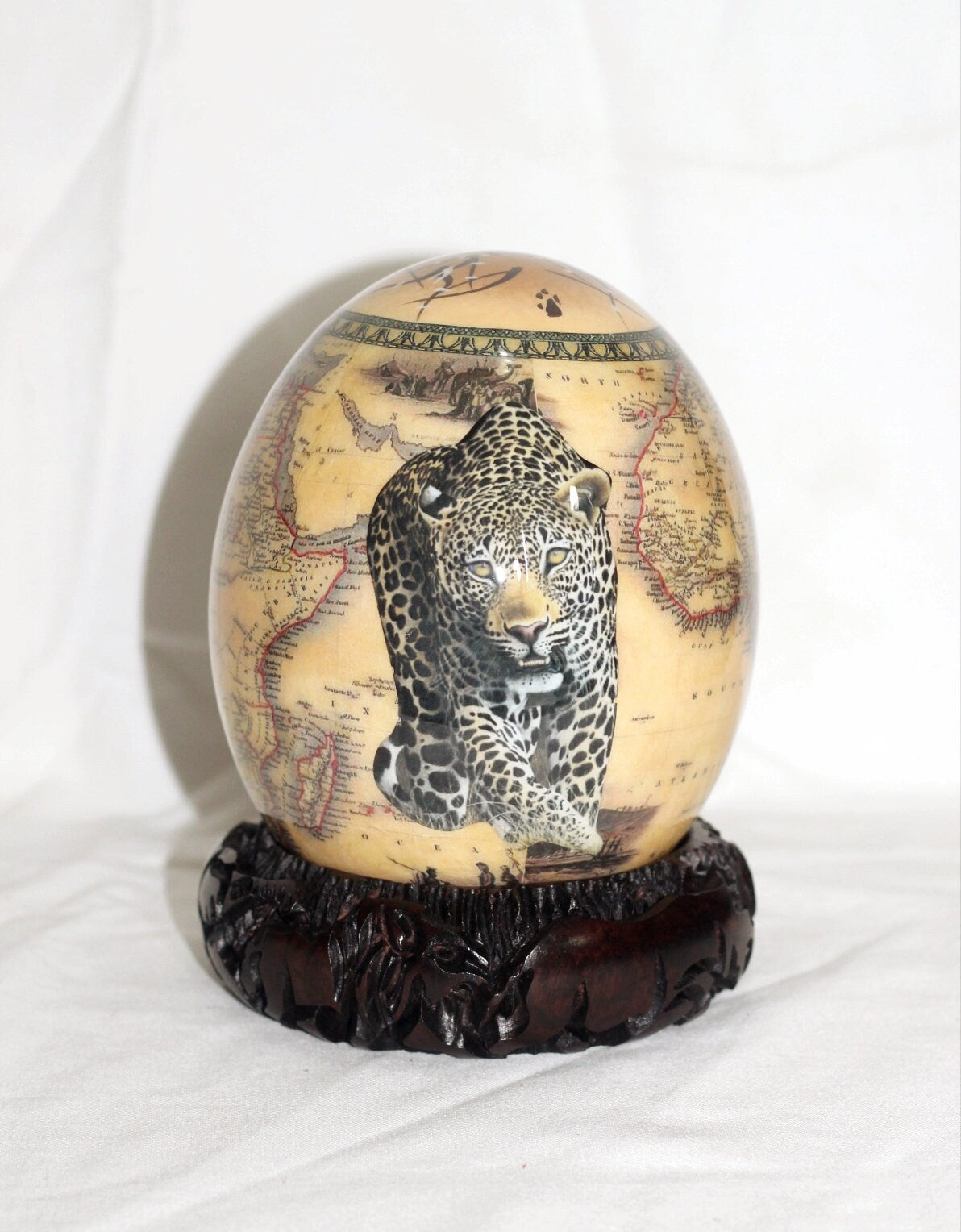 Brown Front facing walki Leopard Decoupage on Authentic Ostrich Egg Shell, on a Wood Stand. Handpainted African Warriors top. Ready to Ship