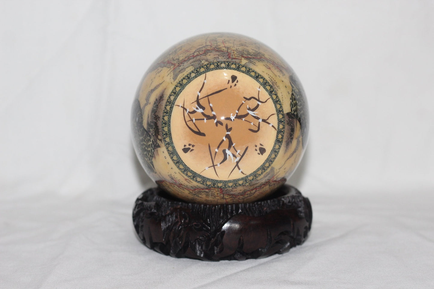 Brown Front facing walki Leopard Decoupage on Authentic Ostrich Egg Shell, on a Wood Stand. Handpainted African Warriors top. Ready to Ship