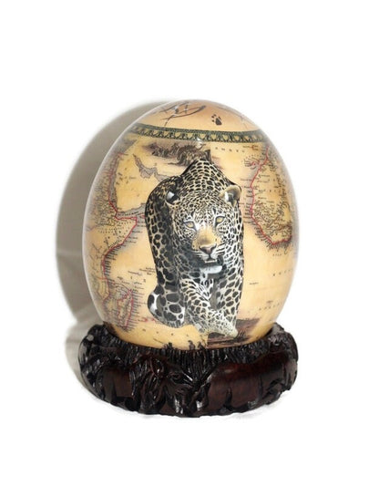 Brown Front facing walki Leopard Decoupage on Authentic Ostrich Egg Shell, on a Wood Stand. Handpainted African Warriors top. Ready to Ship