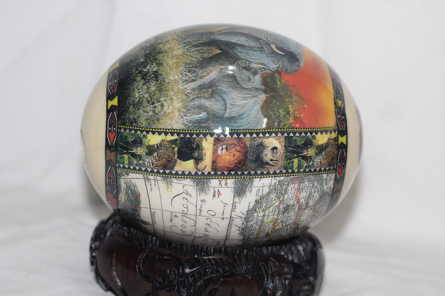 African Big Five Decoupage Ostrich Egg Shell with Sunset Reddish Background and African Map. Unique Wedding, Birthday and Housewarming Gifts