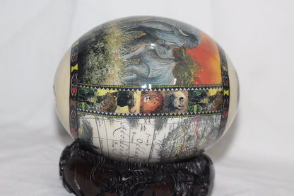 African Big Five Decoupage Ostrich Egg Shell with Sunset Reddish Background and African Map. Unique Wedding, Birthday and Housewarming Gifts