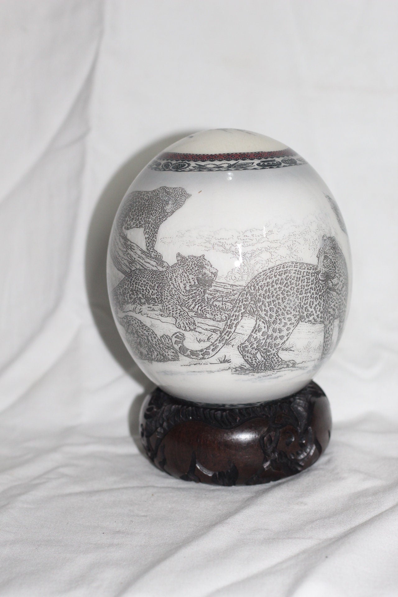 Black and white Leopard Family Decoupage print on an authentic Ostrich Egg Shell. Unique Art gifts with African Warriors Top. Ready to Ship