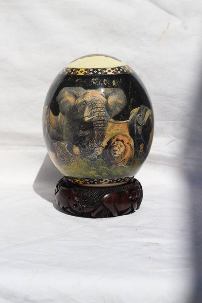 Black and bit of gold African Big 5 animals and Map Ornament. Decoupage Ostrich Egg Shell for Home/Office Decor. Unique Gifts ready to Ship.