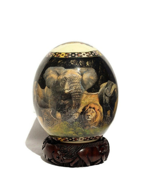 Black and bit of gold African Big 5 animals and Map Ornament. Decoupage Ostrich Egg Shell for Home/Office Decor. Unique Gifts ready to Ship.