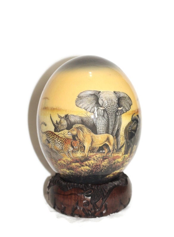 Black and Brown Decoupage Ostrich Egg Shell African Map and The Big Five Animals Art. Comes with wood stand, ready to Ship Christmas Gifts