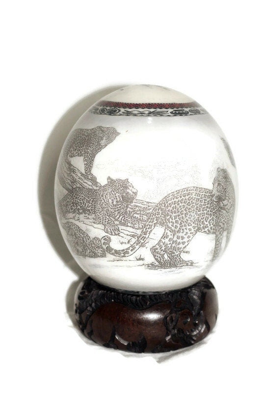 Black and white Leopard Family Decoupage print on an authentic Ostrich Egg Shell. Unique Art gifts with African Warriors Top. Ready to Ship