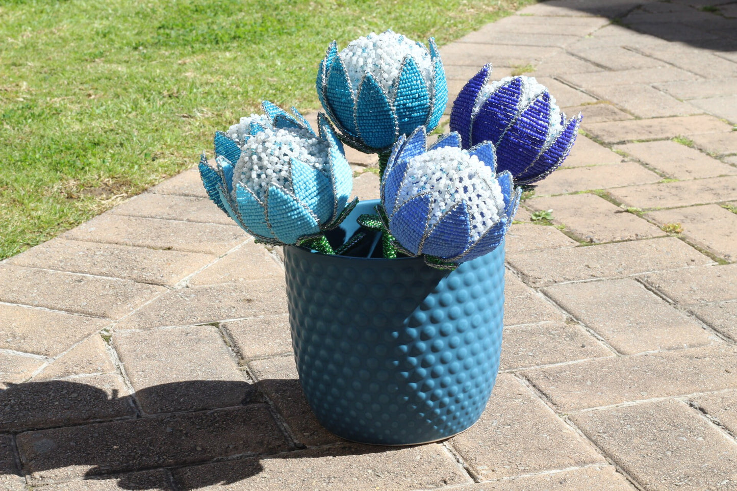 Set of 5 Beaded Shades of Blue Protea Flowers by Job Guwhe. Home, Office, Wedding, Party Decor. Vase Not Included, ready to Ship Gifts.