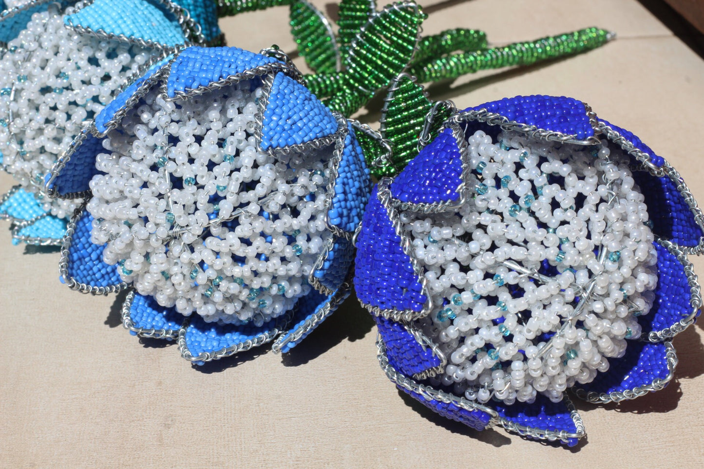 Set of 5 Beaded Shades of Blue Protea Flowers by Job Guwhe. Home, Office, Wedding, Party Decor. Vase Not Included, ready to Ship Gifts.