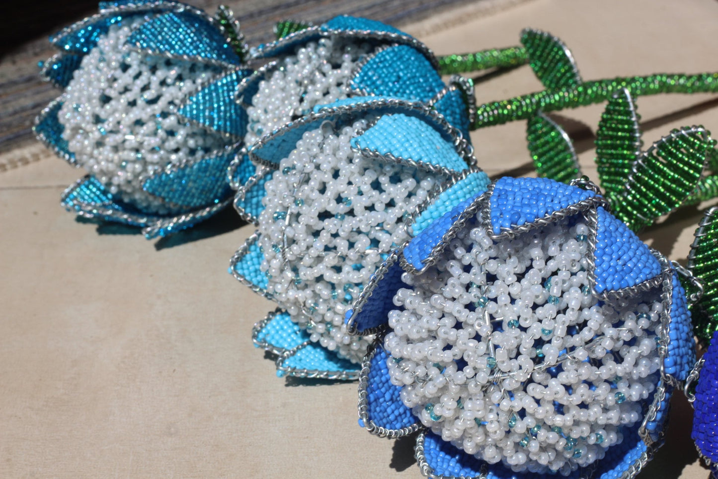 Set of 5 Beaded Shades of Blue Protea Flowers by Job Guwhe. Home, Office, Wedding, Party Decor. Vase Not Included, ready to Ship Gifts.