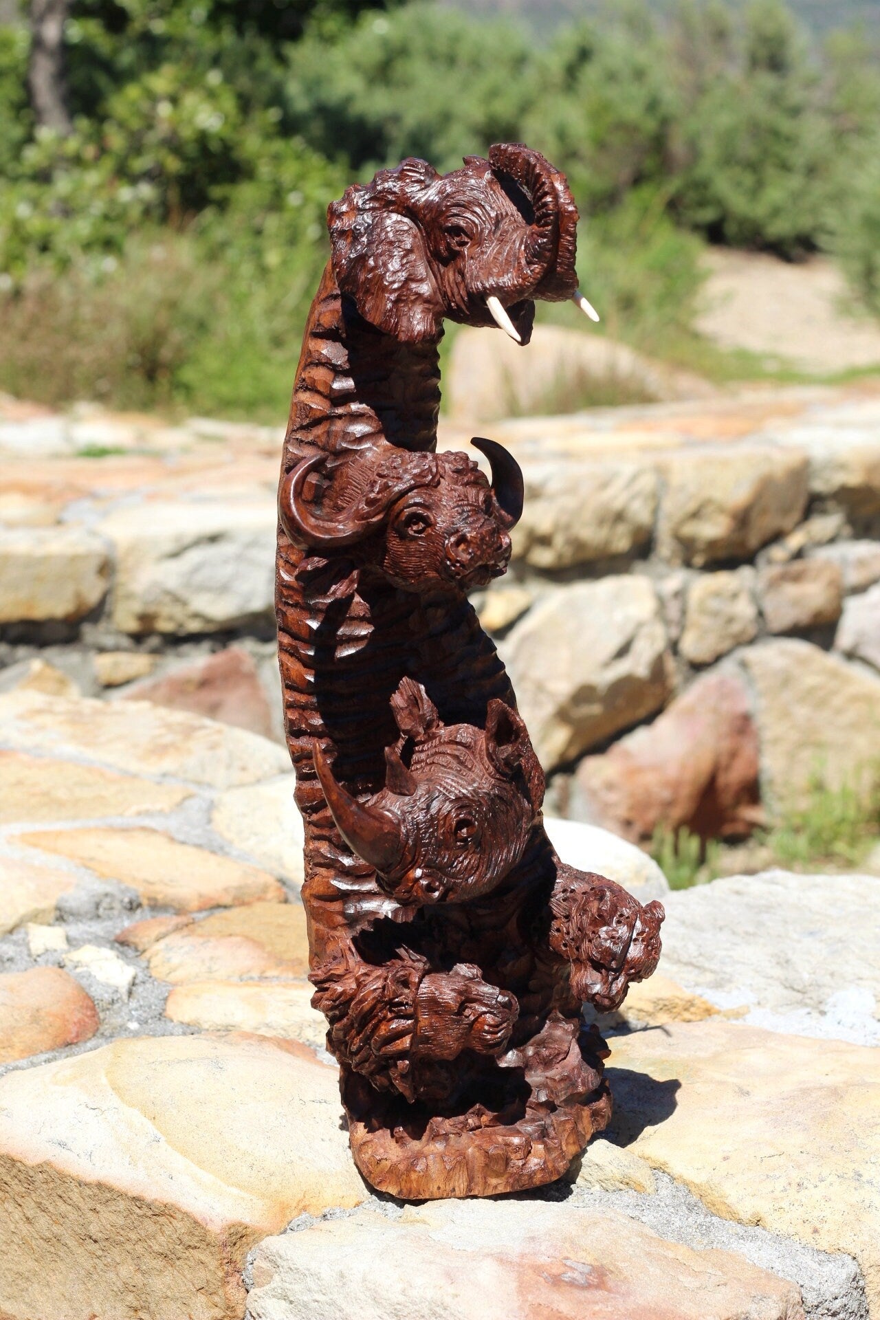 Large Ironwood Carved lifelike Big Five heads tower. Trunk up Elephant, Lion, Leopard, Buffalo, Rhino head fine Art hardwood. Ready to Ship