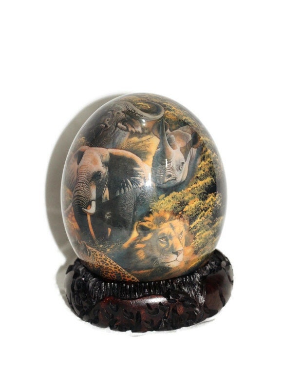 Decoupage Ostrich Egg African Big 5 Animals on a Night forest background. Unique Hand Painted and Print art housewarming Gifts, Ships Expres