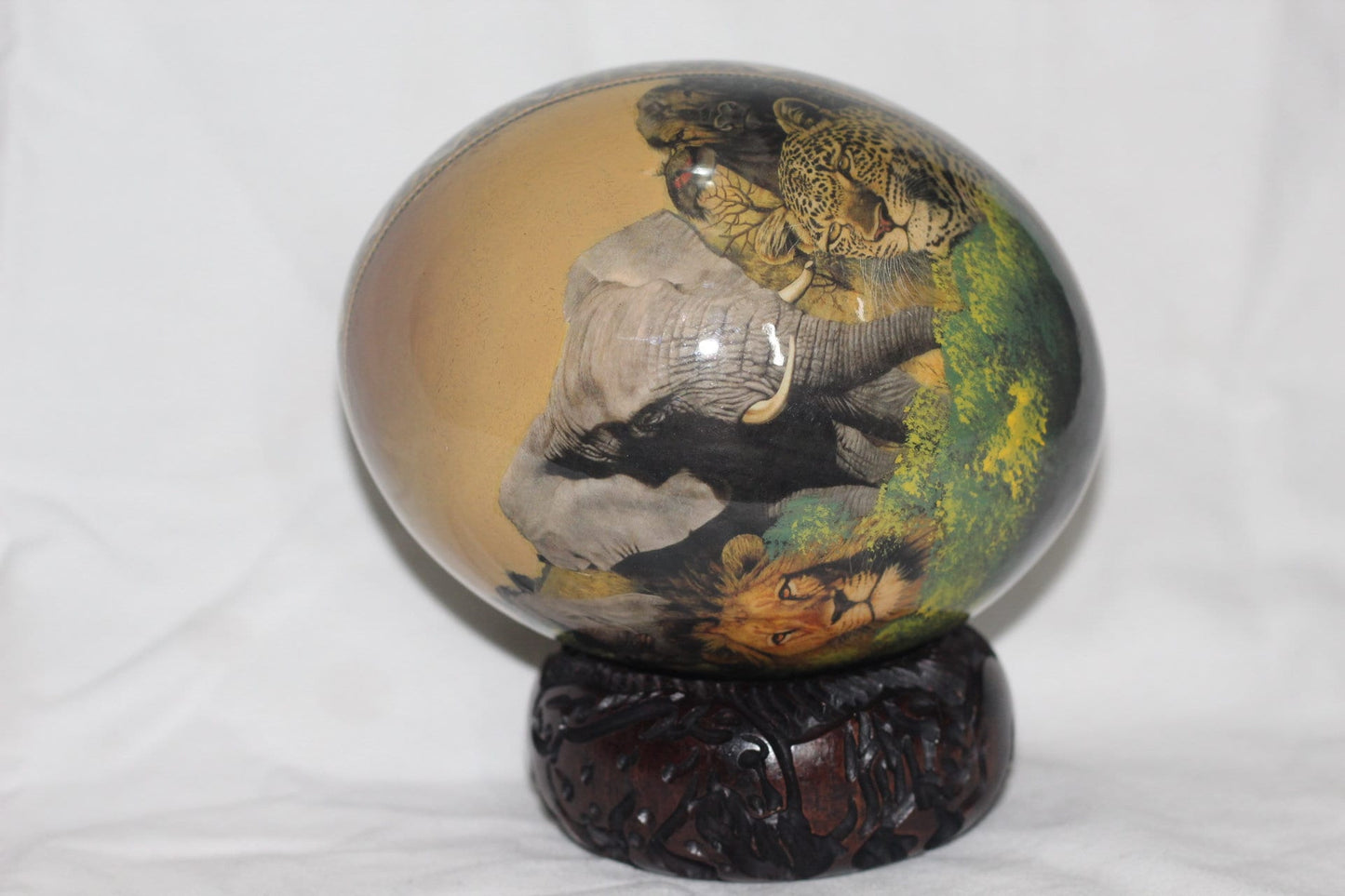 African Big Five Decoupage Shell. Ostrich Egg with big 5 Animals, African Map and Leopard print. Brown and green background. Ready to Ship