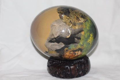 African Big Five Decoupage Shell. Ostrich Egg with big 5 Animals, African Map and Leopard print. Brown and green background. Ready to Ship