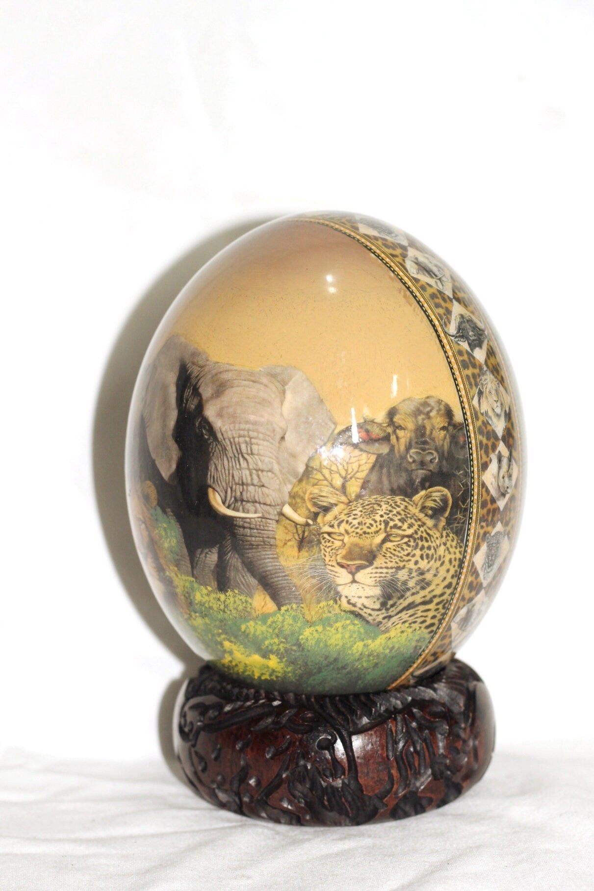 African Big Five Decoupage Shell. Ostrich Egg with big 5 Animals, African Map and Leopard print. Brown and green background. Ready to Ship