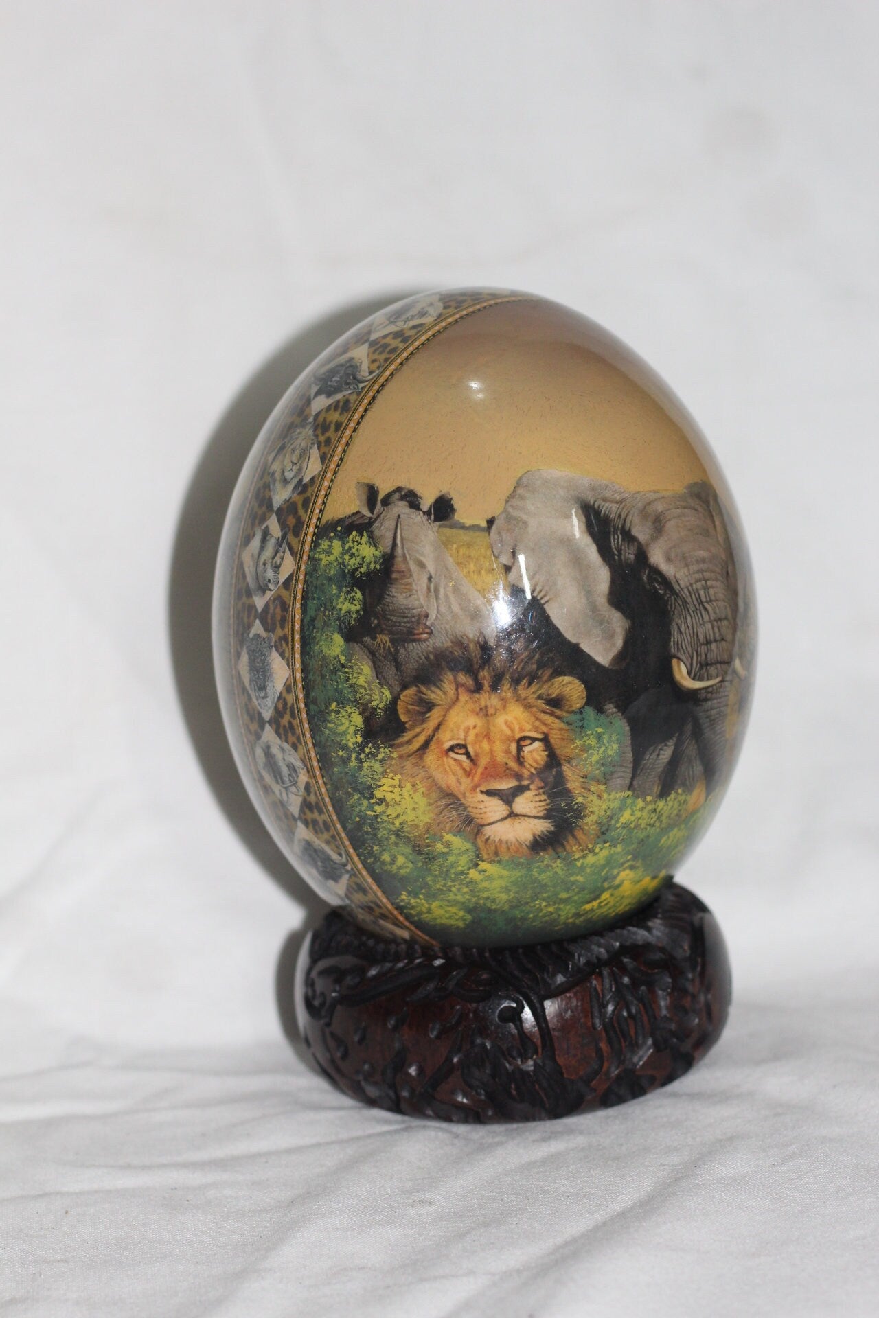 African Big Five Decoupage Shell. Ostrich Egg with big 5 Animals, African Map and Leopard print. Brown and green background. Ready to Ship