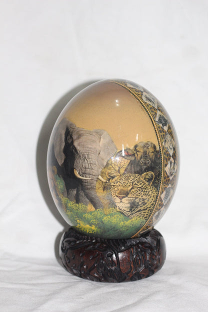 African Big Five Decoupage Shell. Ostrich Egg with big 5 Animals, African Map and Leopard print. Brown and green background. Ready to Ship