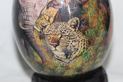 Light Blue Sky Decoupage Ostrich Egg with African Big 5 Animals on a forest background. Unique Hand Painted and Print art housewarming Gift