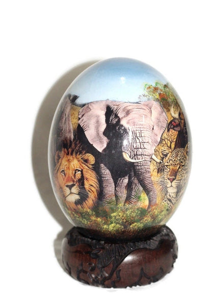 Light Blue Sky Decoupage Ostrich Egg with African Big 5 Animals on a forest background. Unique Hand Painted and Print art housewarming Gift