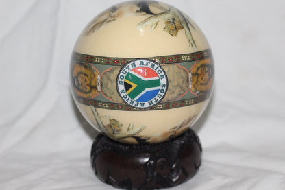 African Big Five Decoupage Shell. Ostrich Egg with big 5 Animals and African Map and South African flag on a clear background. Ready to ship