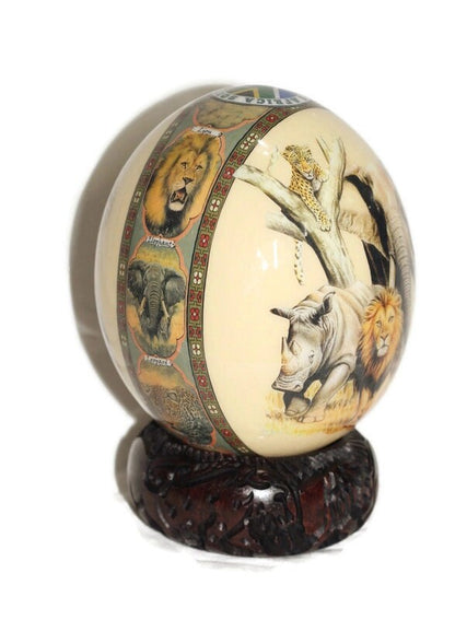 African Big Five Decoupage Shell. Ostrich Egg with big 5 Animals and African Map and South African flag on a clear background. Ready to ship