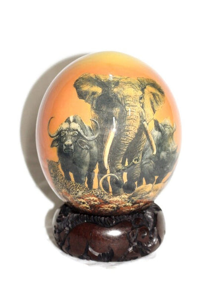 Orange Decoupage Ostrich Egg with African Big 5 Animals handpainted on a forest. Plus wood Stand Unique Safari art. Christmas Gifts