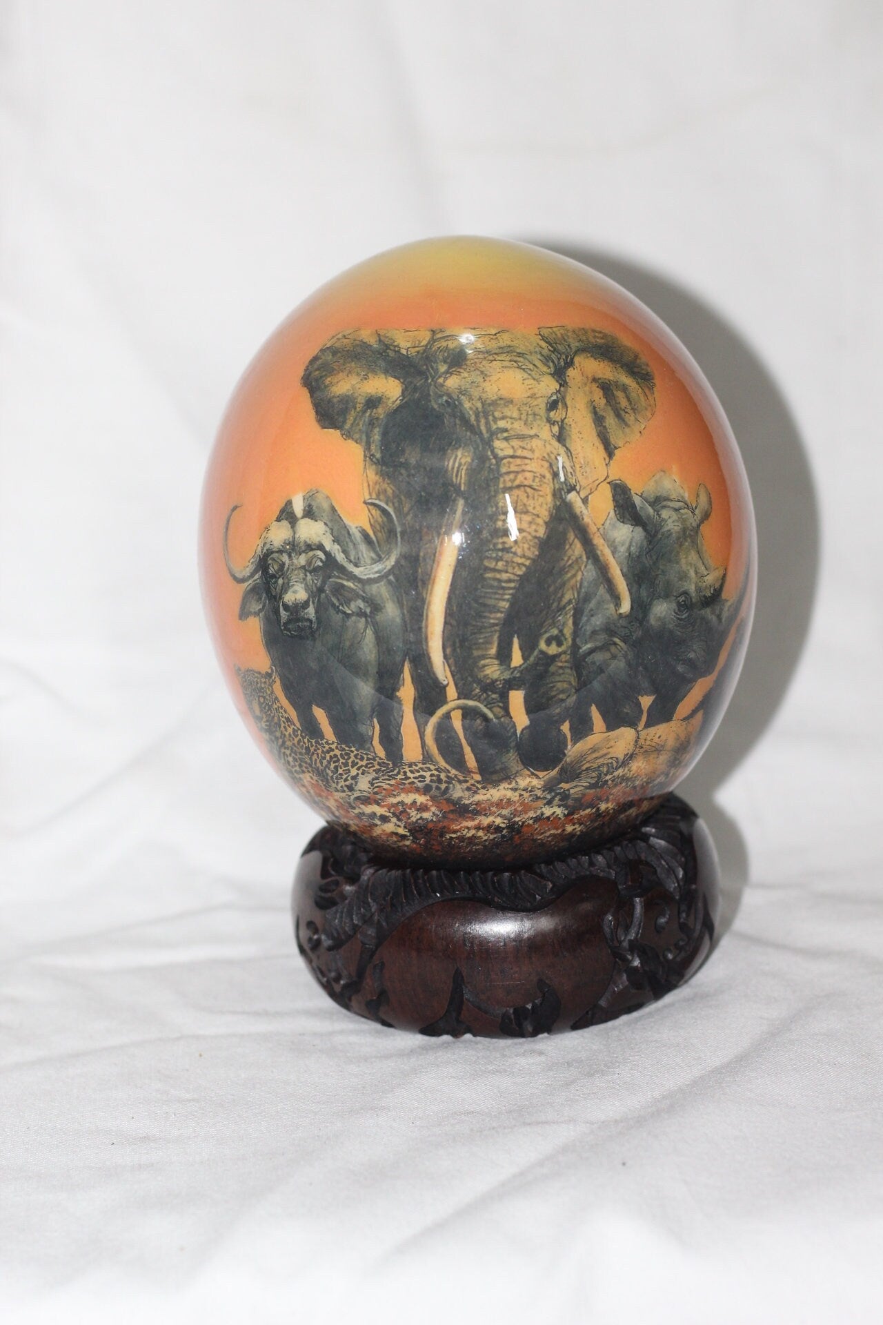 Orange Decoupage Ostrich Egg with African Big 5 Animals handpainted on a forest. Plus wood Stand Unique Safari art. Christmas Gifts