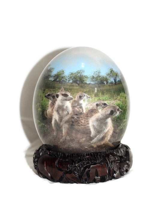 Meerkat Family on Authentic Ostrich Egg Shell Decoupage Art. Unique African Home and office decoration gifts Express Shipping Worldwide