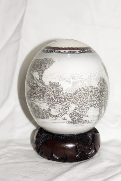 Black and white Leopard Family Decoupage print on an authentic Ostrich Egg Shell. Unique Art gifts with African Warriors Top. Ready to Ship