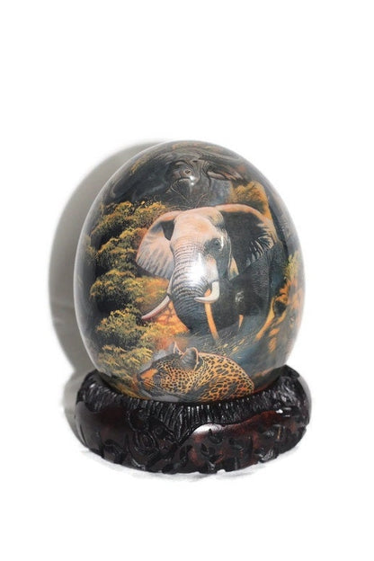 Decoupage Ostrich Egg African Big 5 Animals on a Night forest background. Unique Hand Painted and Print art housewarming Gifts, Ships Expres