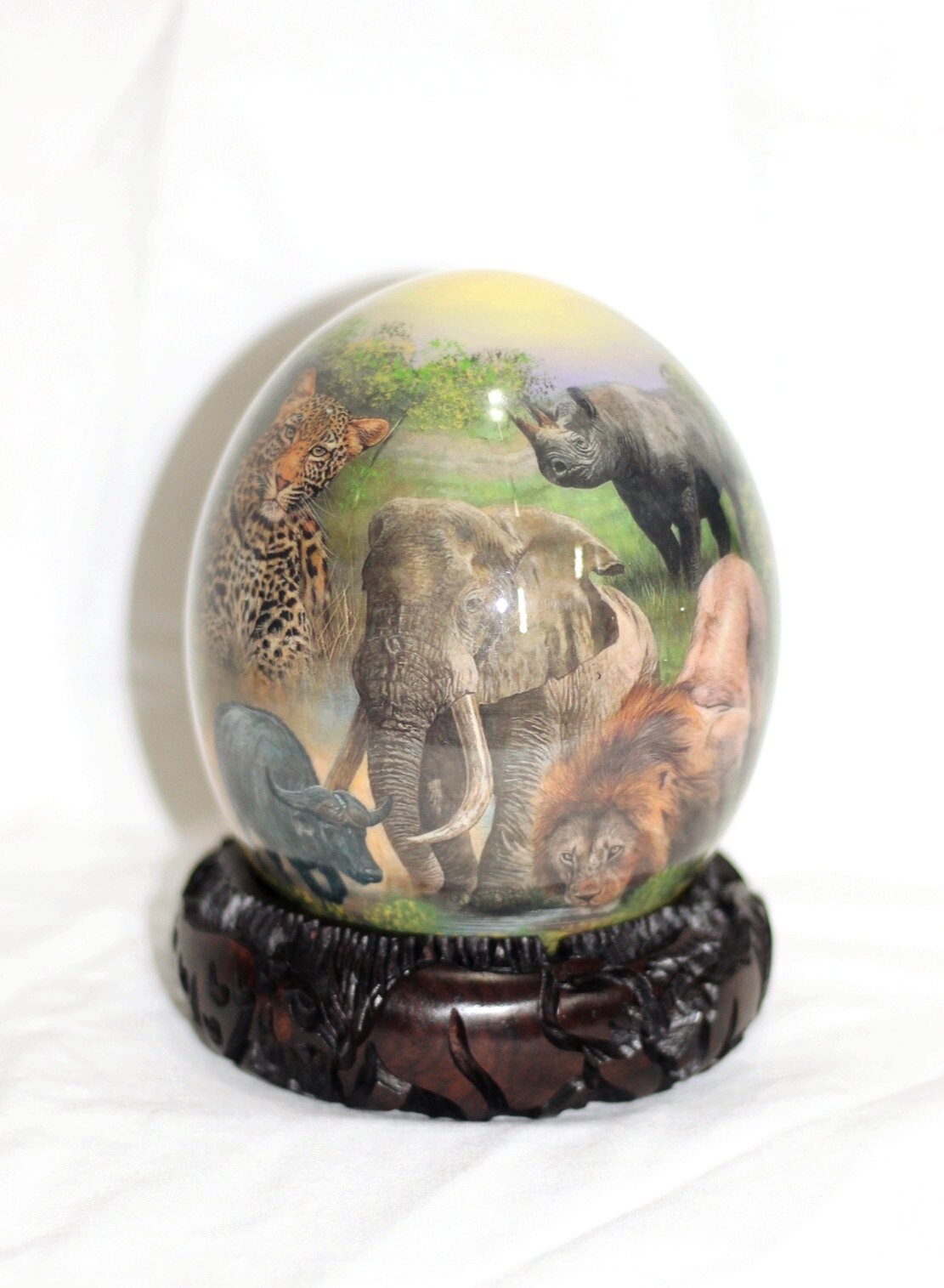 African Big Five Animals Decoupage Ostrich Egg shell. Daytime Safari Art gifts. Unique Ornament with carved wood ring stand. Ready to Ship