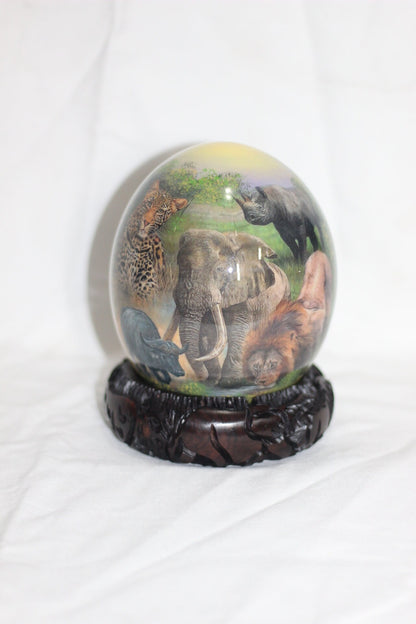 African Big Five Animals Decoupage Ostrich Egg shell. Daytime Safari Art gifts. Unique Ornament with carved wood ring stand. Ready to Ship