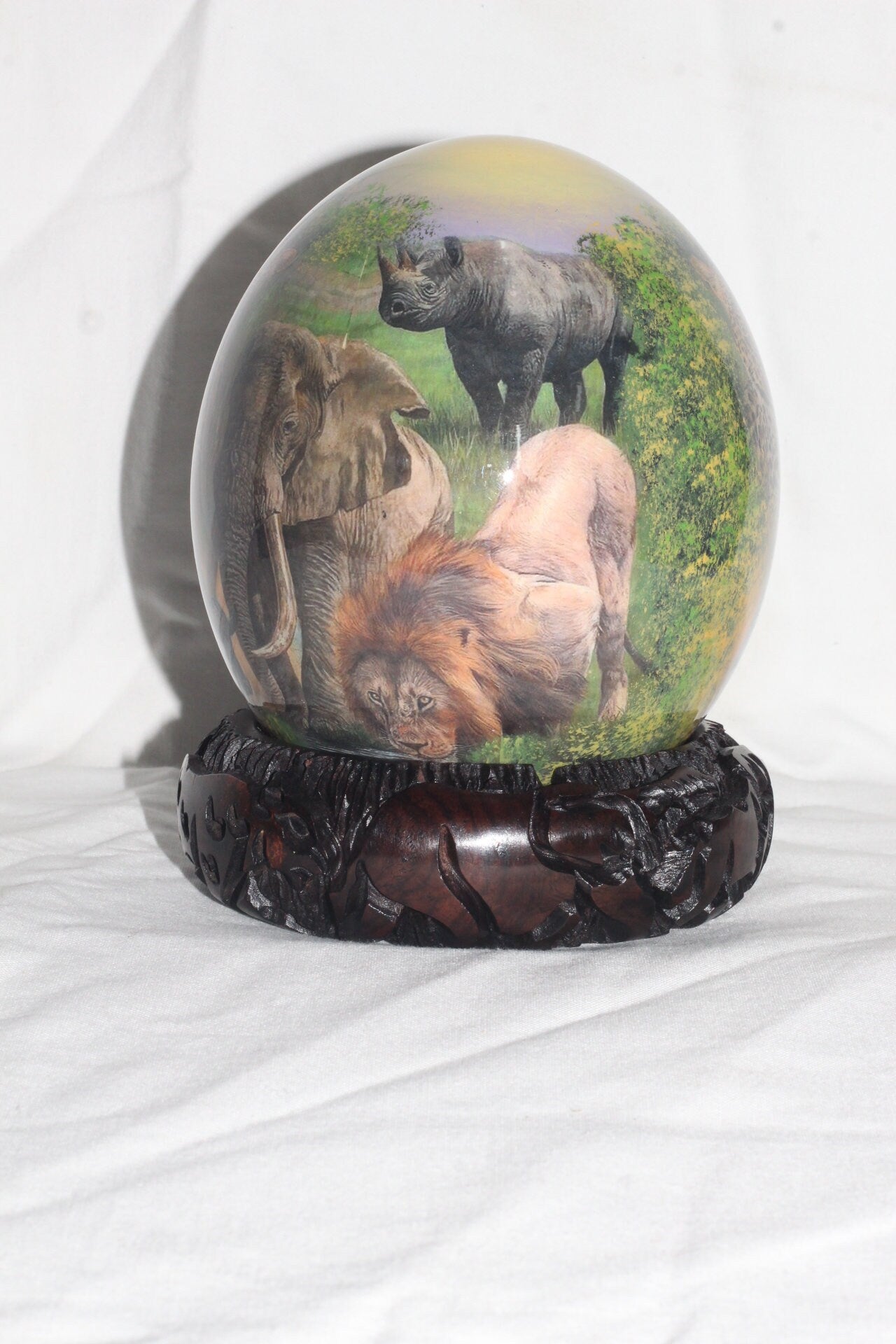 African Big Five Animals Decoupage Ostrich Egg shell. Daytime Safari Art gifts. Unique Ornament with carved wood ring stand. Ready to Ship