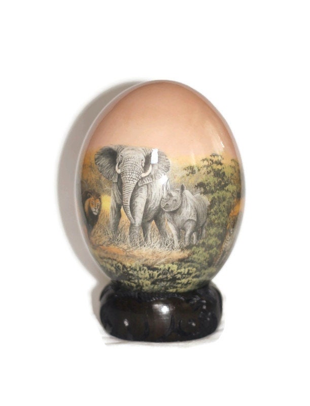 Light Brown Decoupage African Big Five Animals on Authentic Ostrich Egg Shell Christmas gifts. Comes with wood ring stand, ready to Ship