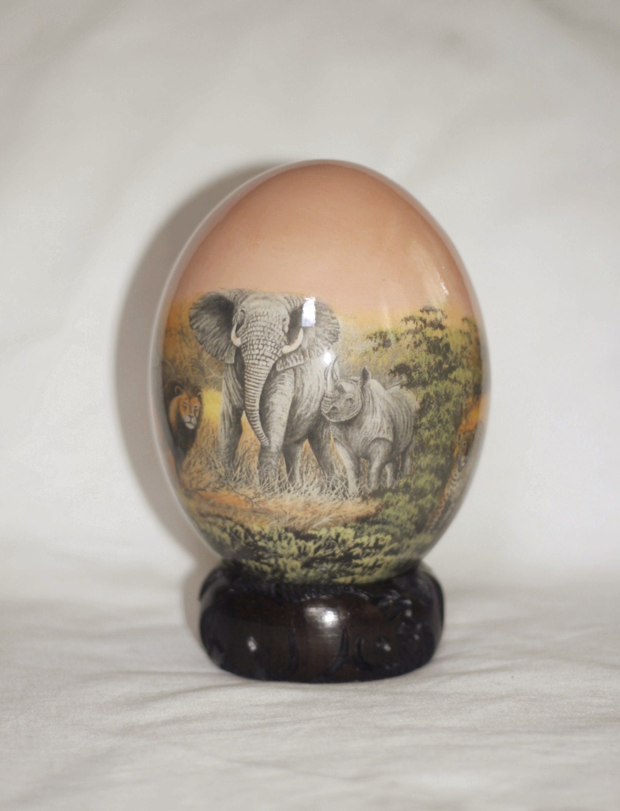 Light Brown Decoupage African Big Five Animals on Authentic Ostrich Egg Shell Christmas gifts. Comes with wood ring stand, ready to Ship