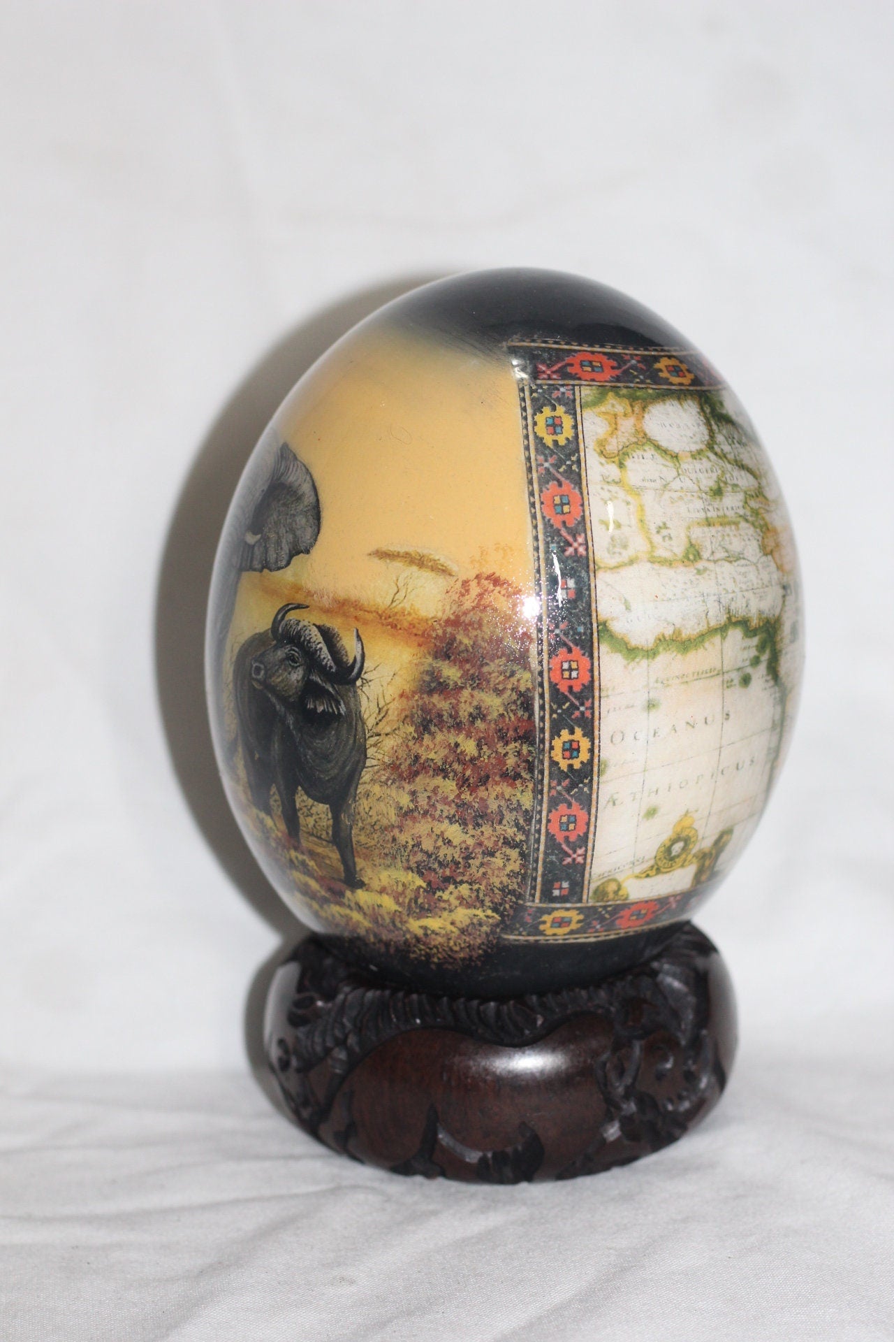 Black and Brown Decoupage Ostrich Egg Shell African Map and The Big Five Animals Art. Comes with wood stand, ready to Ship Christmas Gifts